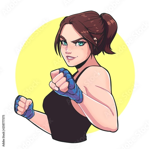 Poster, card or t-shirt print with sporty girl. Trendy anime style vector illustration