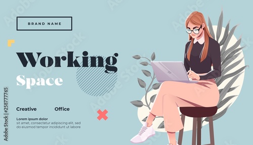 Working space Landing page template. Young female freelancer is sitting in modern hipster cafe with laptopn. Vector illustration