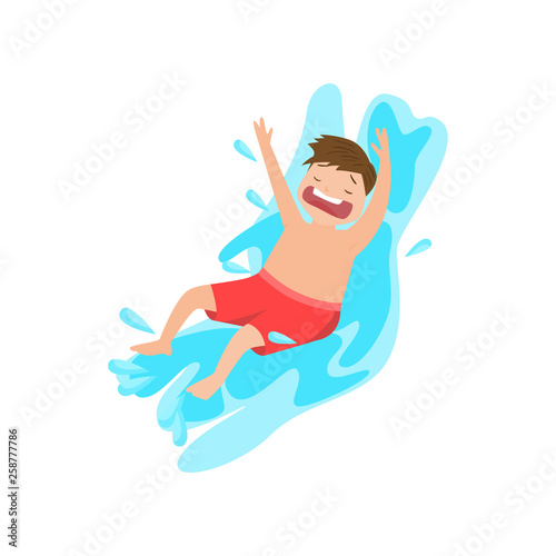 Screaming boy sliding down in water isolated on white background