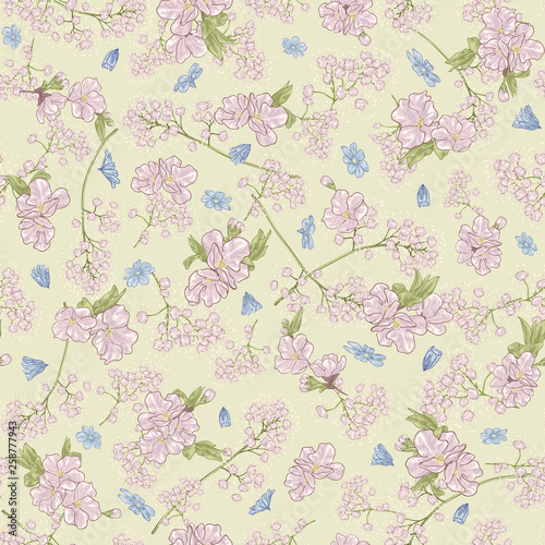 Seamless vector floral pattern abstract spring flowers and tree blossom hand drawn in sketch style in pastel colors. Endless floral background