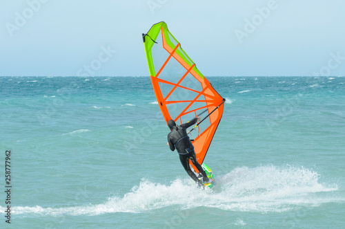 Anapa Krasnodar region Russia - march 9, 2019. Windsurfer Surfing The Wind On Waves, Recreational Water Sports.