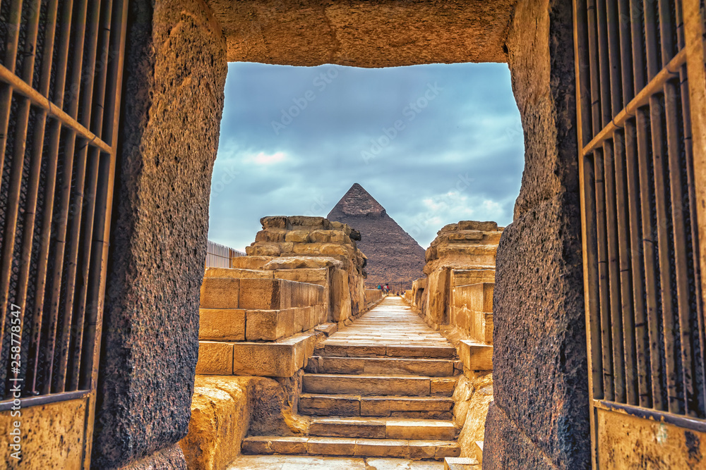 Valley Temple of Khafre and the Pyramid of Khafre in Giza, Egypt