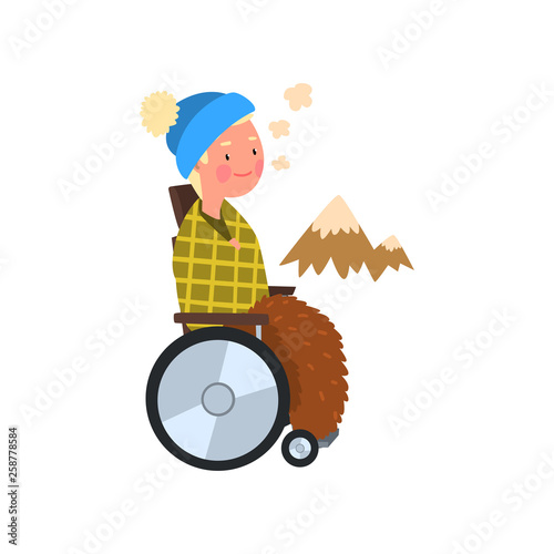 Disabled man in wheelchair on a walk outdoors, rehabilitation of disabled people concept vector Illustration on a white background