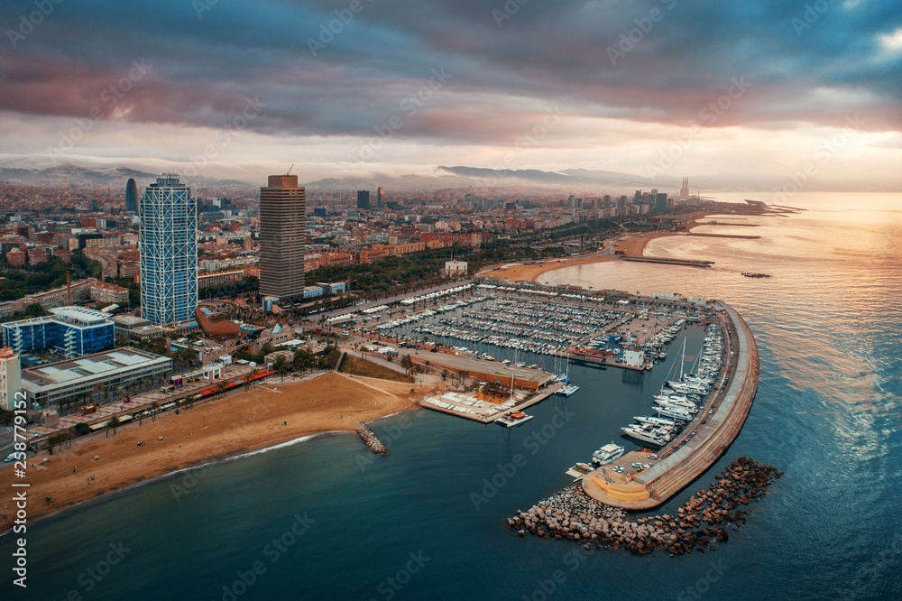 Fototapeta premium Barcelona Coast aerial sunrise view