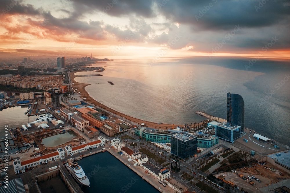 Fototapeta premium Barcelona Coast aerial sunrise view