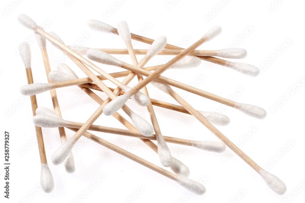 Eco-friendly materials. Wooden, cotton swabs on a white background. Eco-friendly materials. Wooden, cotton swabs on a white background.