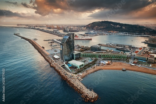 Photography Aerial view of Barcelona coast sunrise