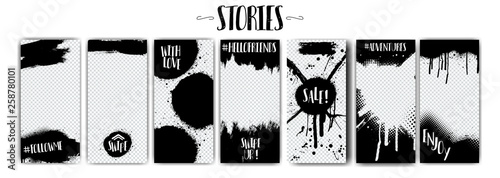 Social network stories templates on Black Friday and more.Spray graffiti, black splashes isolated on transparent background. Mock up stories grunge. fashion, interior design, photographer, blogger ets