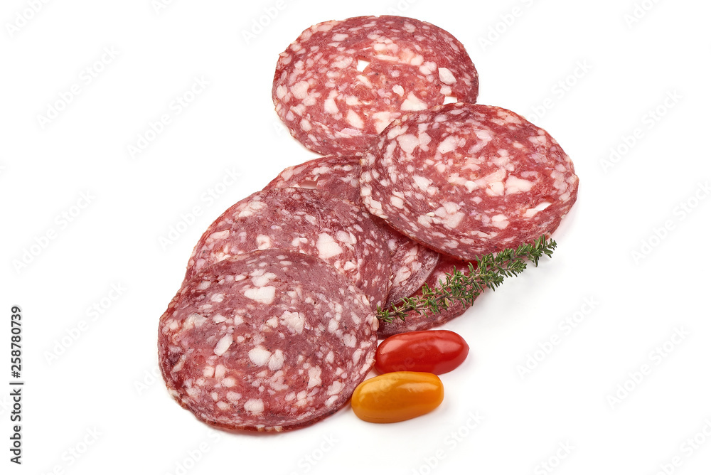 Sliced Smoked sausage or salami, dried meat, close-up, isolated on white background Sliced Smoked sausage or salami, dried meat, close-up, isolated on white background