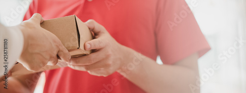 Bilde på lerret Delivery Man sending package to receiver on doorway