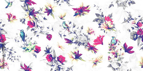 Wide vintage seamless background pattern. Flowers wild rosemary, pomegranate buds with humming bird and nightingale. Abstract, hand drawn, vector - stock.