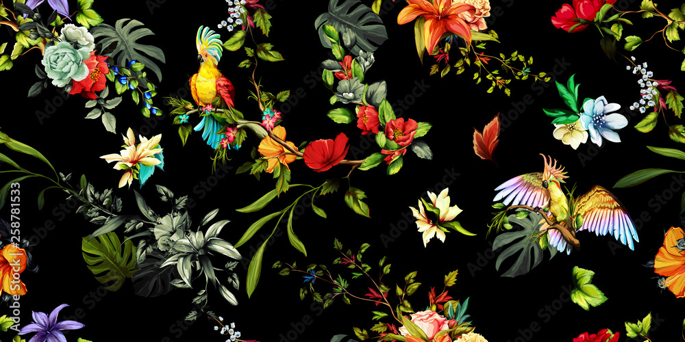 Wide vintage seamless background pattern. Parrots cockatoo on the tropical branches with leaves and flowers on dark. Abstract, hand drawn, vector - stock.