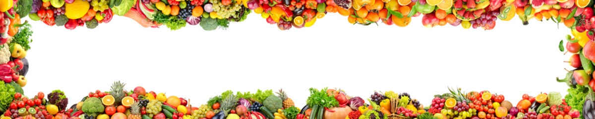 Wide panoramic frame of fresh vegetables and fruits isolated on white