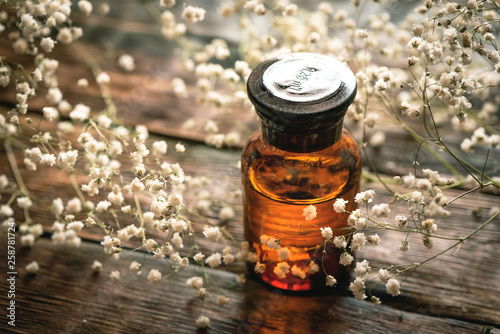 Gypsophila flower essential oil in a bottle on a wooden board background. Herbal medicine.