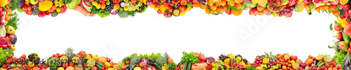 Wide panoramic frame of fresh vegetables and fruits isolated on white