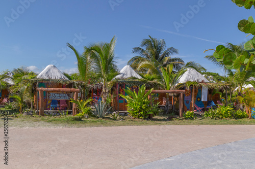 Mahahual, Quintana Roo, Mexico - February 20, 2019: tourists in Mahahual Beach, tourist destination, Caribbean sea.