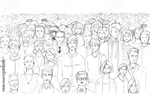 Black and white contour of a crowd of people drawing by hand with a liner on a white background with a blank area on top.