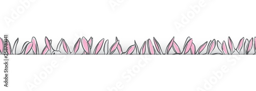Bunny ears endless border. Happy Easter day seamless design element. Hand drawn hiding rabbits isolated on white background, cartoon style