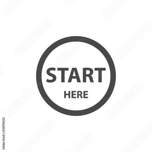 Start here round button for web site. Start  here button vector. Start round buttton with text