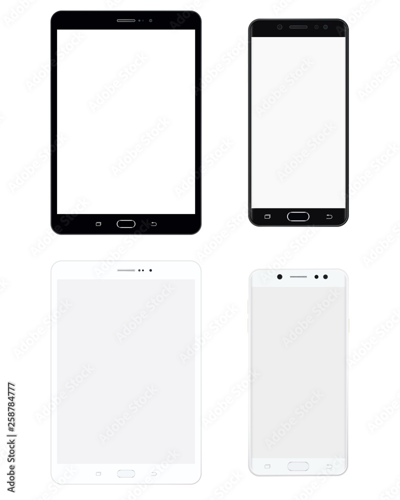 Black and white Tablet and smartphone set with white screen. Tablet and mobile phone vector eps10 Black and white Tablet and smartphone set with white screen. Tablet and mobile phone vector eps10