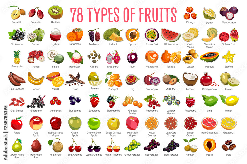 Fruits Icons – A huge set includes 78 types of colorful fruits with names.  The icons were