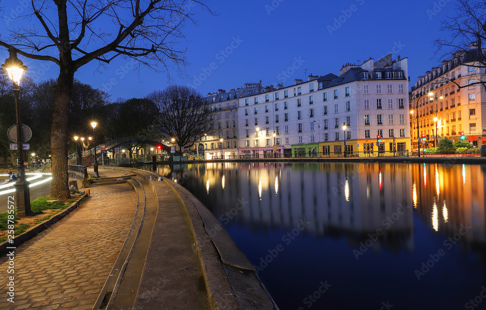 The Canal Saint-Martin at night .It is long canal in Paris, connecting the Canal de l'Ourcq to the river Seine.