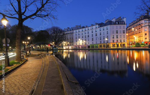 The Canal Saint-Martin at night .It is long canal in Paris, connecting the Canal de l'Ourcq to the river Seine.