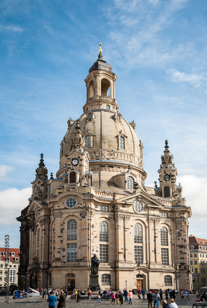 Frauenkirche (Our Lady church) and a statue in the center of old town in Dresden, Germany