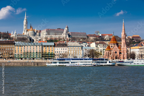 View of the Buda bank of the Danube river at Budapest city in a beautiful early spring day