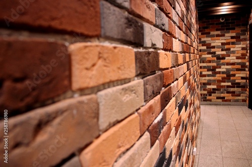 Brick walls in an empty hallway. The passage in the wall, a tunnel of colored bricks in brown and beige tones.
