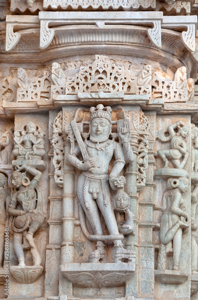 Bas-relief at Ranakpur Jain temple in Rajasthan state of India