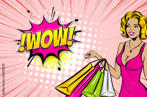 Pop art woman retro girl happy face