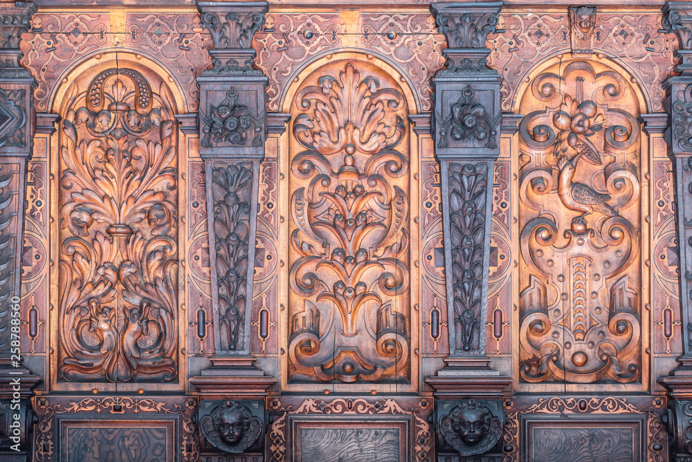 Bernardine church interior. Sacristy. Closeup of  Wood Carvings