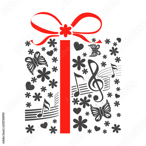 Harmonic Gift Box with ribon bow, butterfly, music notes and flowers vector illustration
