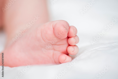 Feet of little baby. New born baby feet on white blanket. Tiny baby feet closeup