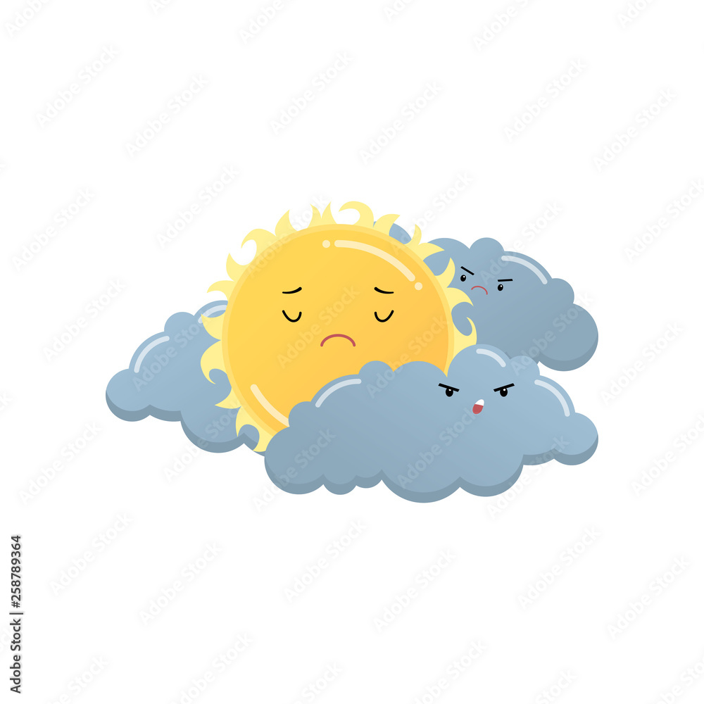 Sad yellow sun between angry grey clouds emoji sticker isolated on white Sad yellow sun between angry grey clouds emoji sticker isolated on white
