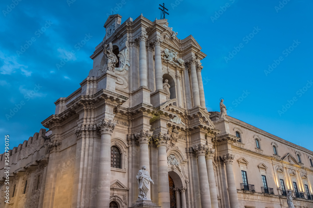 The Cathedral of Syracuse (Duomo di Siracusa), a UNESCO World Heritage Site  on Ortygia Island, Syracuse (Siracusa), Sicily, Italy. Originally a Doric Greek temple dedicated to Athena