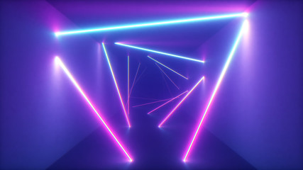 Abstract flying in futuristic corridor with triangles background, fluorescent ultraviolet light, colorful laser neon lines, geometric endless tunnel, blue pink spectrum, 3d illustration