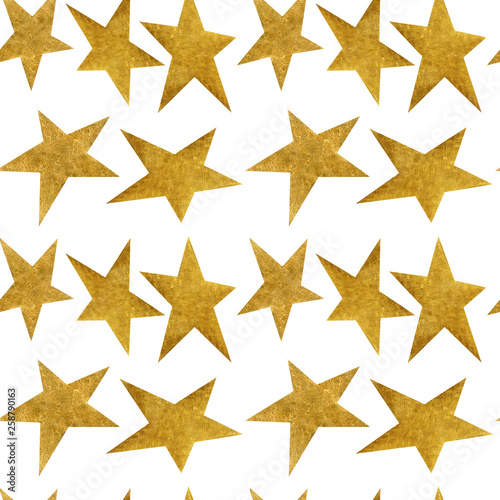 Seamless pattern with golden metallic stars on a white background.