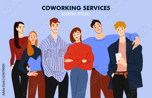 Startup employees. Group portrait of guys and girls. Office workers or clerks standing together