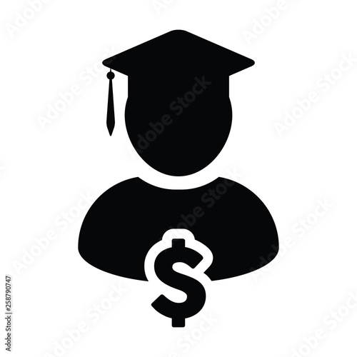 School loan icon vector male person profile avatar with dollar symbol and mortar board for education in flat color glyph pictogram illustration