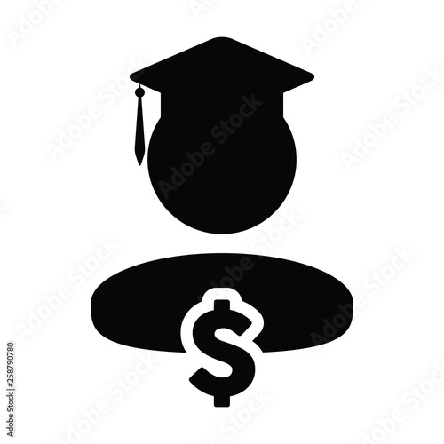 Study loan icon vector male person profile avatar with dollar symbol and mortar board for education in flat color glyph pictogram illustration