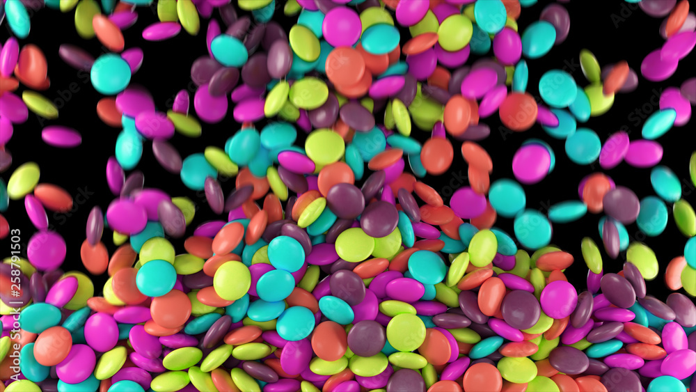 Colorful candy's motion falling down 3d illustration