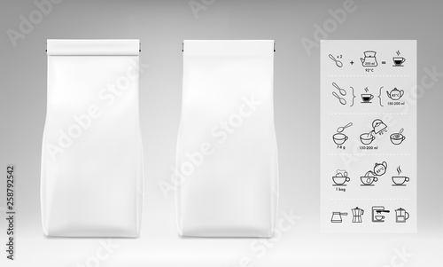Coffee and tea package set. Set of sign for detailed guideline. Suitable brewing methods. Vector elements. Ready for your design. Can be used on packaging, advertising, promo. EPS10.