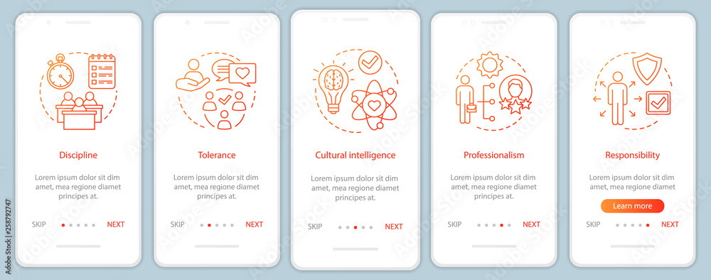 Management skills onboarding mobile app page screen vector template