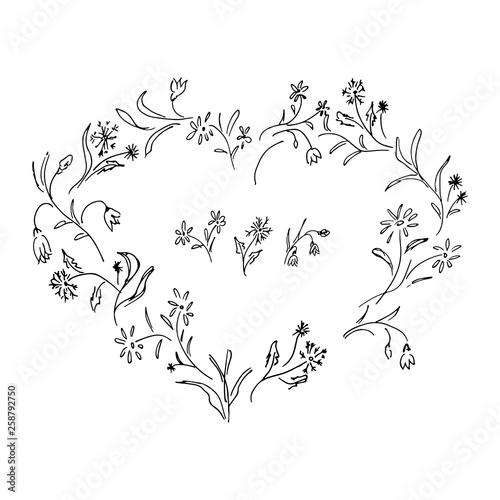 Hand drawn vector wreath in form of heart. Floral circle frame design elements for invitations, greeting cards, posters, blogs. Delicate set of flowers, branches and leaves.