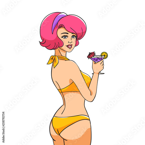 Pop Art girl. A young woman in a bathing suit holds a cocktail in her hand. A woman stands with her back half-sided.