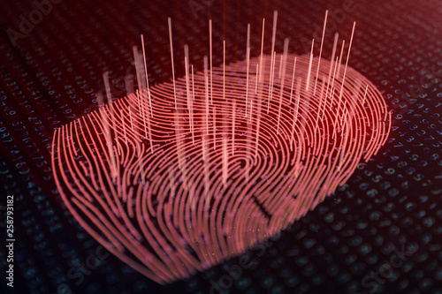 3D illustration Fingerprint scan provides security access with biometrics identification. Concept fingerprint hacking  threat. Finger print with binary code. Concept of digital security.