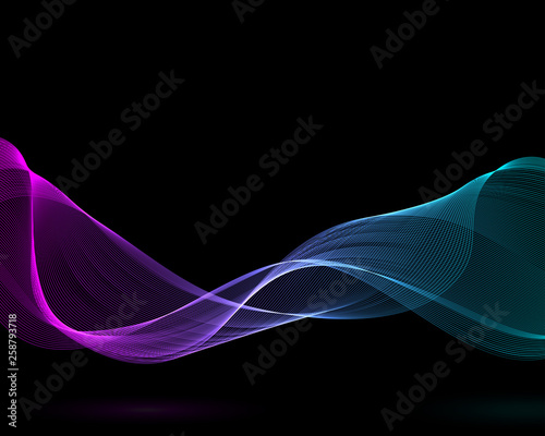 Wavy abstract design in two colors. Ribbon concept with purple and blue gradient. Black isolated background. Vector illustration.