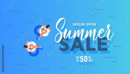 Summer sale banner design with beach, girls, summer, umbrella, sunbathe concept.